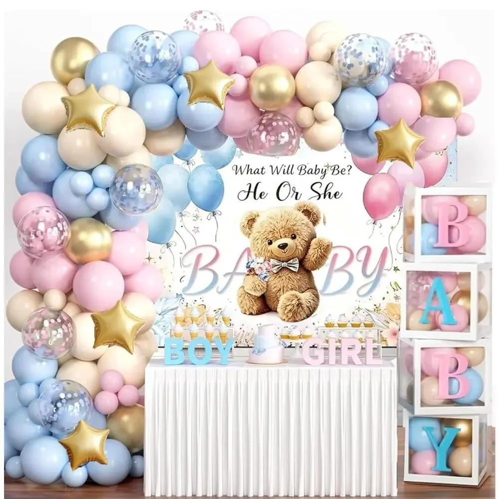 151 Piece Gender Reveal Kit Pink Blue Party Decor NIB bear balloons backdrop